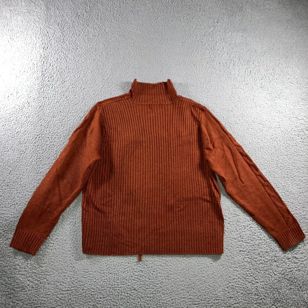 Vtg Leather Patchwork Sweater Mens L Rust Orange Knit‎ Two Way Zip Mock Neck y2k